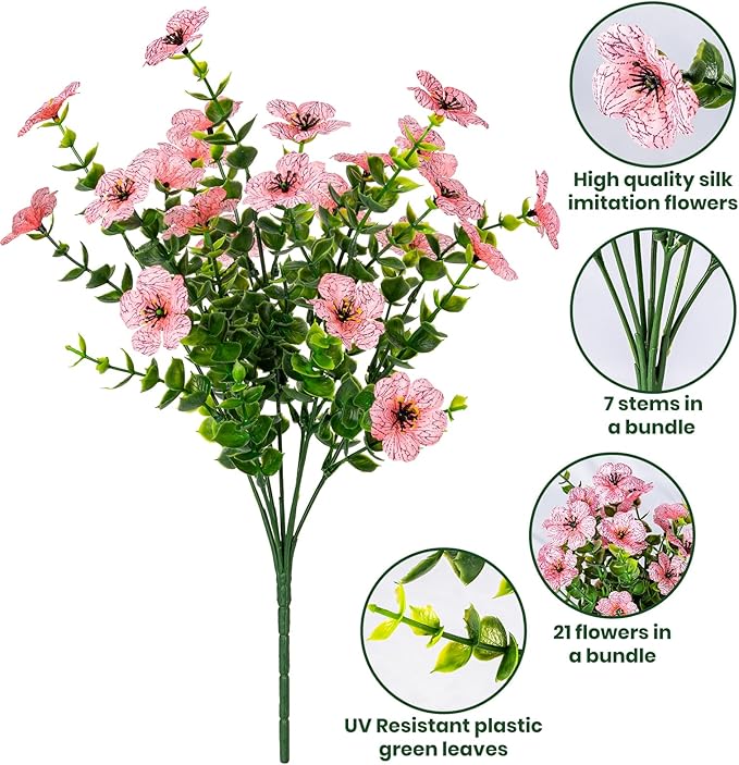 Lnoicy 20 Bundles Artificial Flowers for Outdoor Fake Plants for Spring Decoration,Faux Eucalyptus Flowers for Planter UV Resistant Lifelike for Home Porch Garden（Pink）
