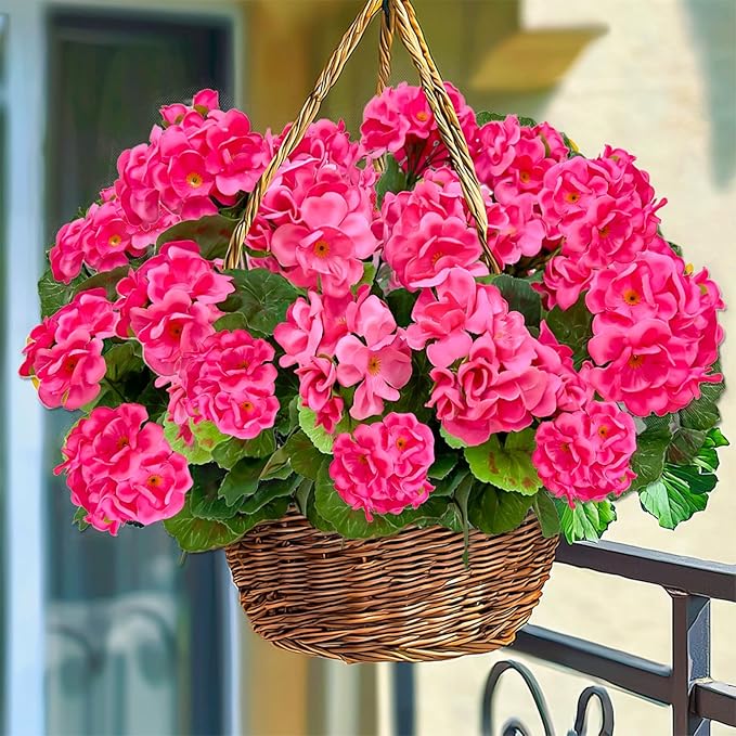 Artificial Geraniums Flowers for Outdoors Spring Decor, 4 Bundles UV Resistant Fake Geraniums Flowers Silk Faux Plants for Home Planter Gardens Table Patio Porch Indoor Cemetery Summer Decor(Pink)