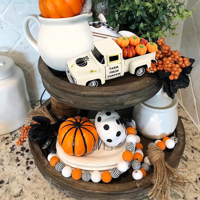 Fall Pumpkin Metal Truck Fall Home Kitchen Decorations with 8 Pcs Plastic Pumpkin, Vintage Farmhouse Tabletop Tiered Tray Decor for Summer Home Kitchen Mantel Shelf Bookshelf Mini Truck Decor