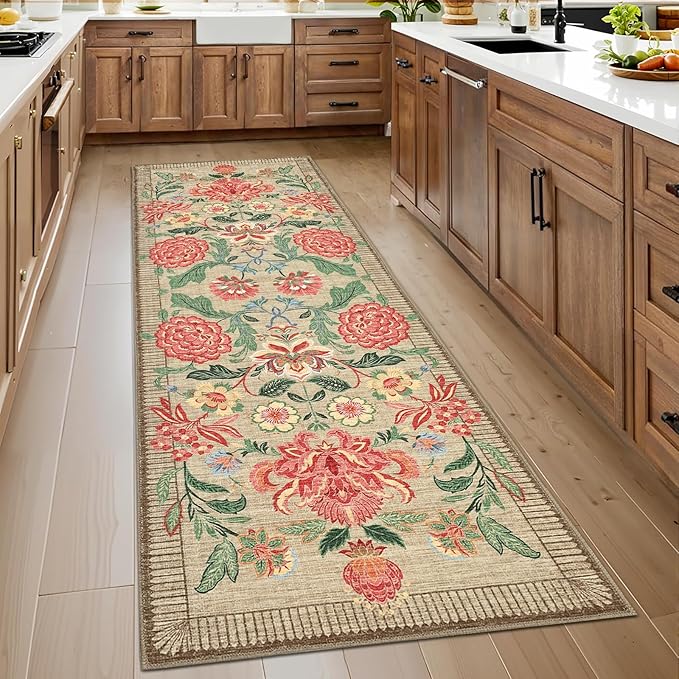 GarveeHome Floral 2.5x8 Washable Kitchen Runner Rugs Non Slip Camel Taupe Brown Vintage Boho Cottage Long Rug for Hallways Bedroom Entryway Bathroom Mat with Rubber Back