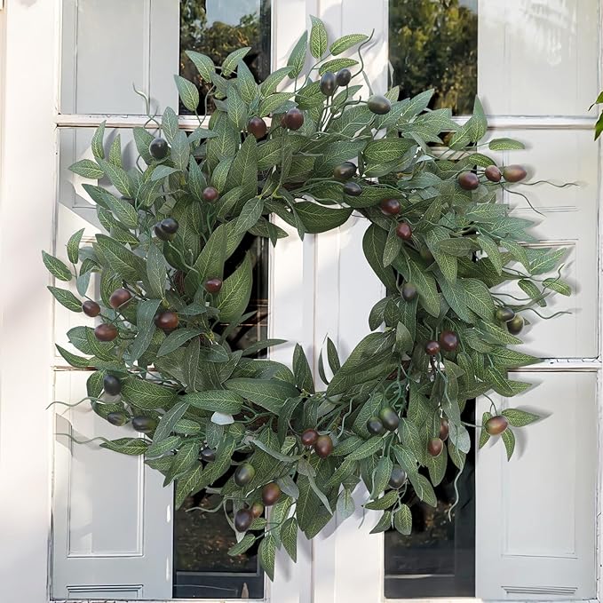 Olive Wreaths 20 Inch Wreath for Front Door with Purely Handmade Realistic Dense Olive Leaf Olive Berry, Elegant Home Decor Wreath Ideal for Front Doors, Hallways, Any Area You Want to Brighten