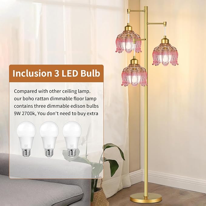 QIYIZM Pink Floor Lamp for Living Room,Bedroom,Gold Mid Century Modern Standing Lamp Brass Tree 3 Light Tall Floor Lamps Vintage Retro Floor Lights Glass Flower Lamp Shade Girls Kids Boho Bohemian