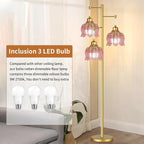 QIYIZM Pink Floor Lamp for Living Room,Bedroom,Gold Mid Century Modern Standing Lamp Brass Tree 3 Light Tall Floor Lamps Vintage Retro Floor Lights Glass Flower Lamp Shade Girls Kids Boho Bohemian