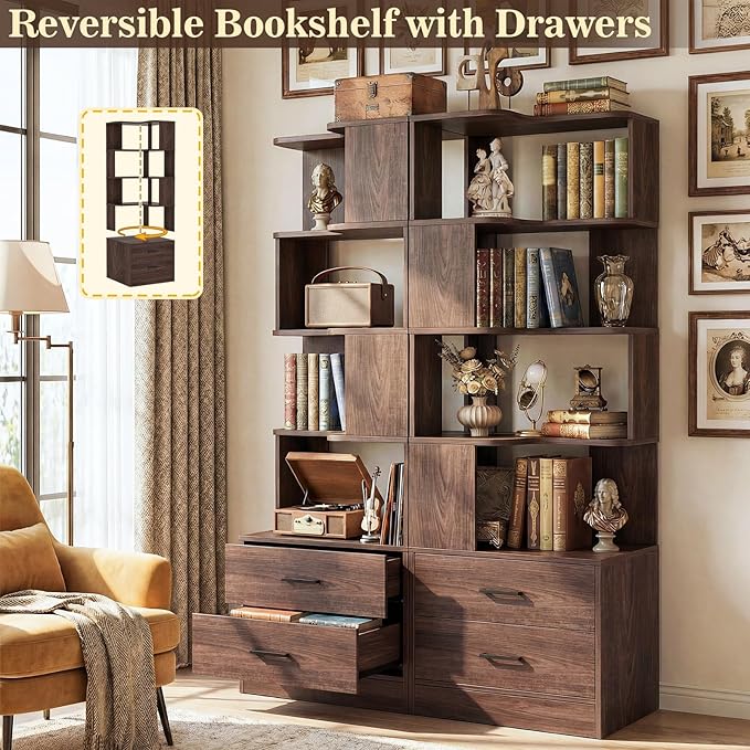 Armocity Corner Bookshelf with Drawers, 7 Tier Corner Book Shelf Display Bookcase, Freestanding L Shaped Bookshelf for Bedroom, Living Room, Home Office, Black Walnut