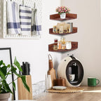 Demigo Corner Shelf Wall Mount Set of 3, Solid Acacia Wood Round Floating Corner Shelves for Storage and Display, Hanging Wood Shelves for Bedroom, Kitchen, Living Room, Bathroom (Brown)
