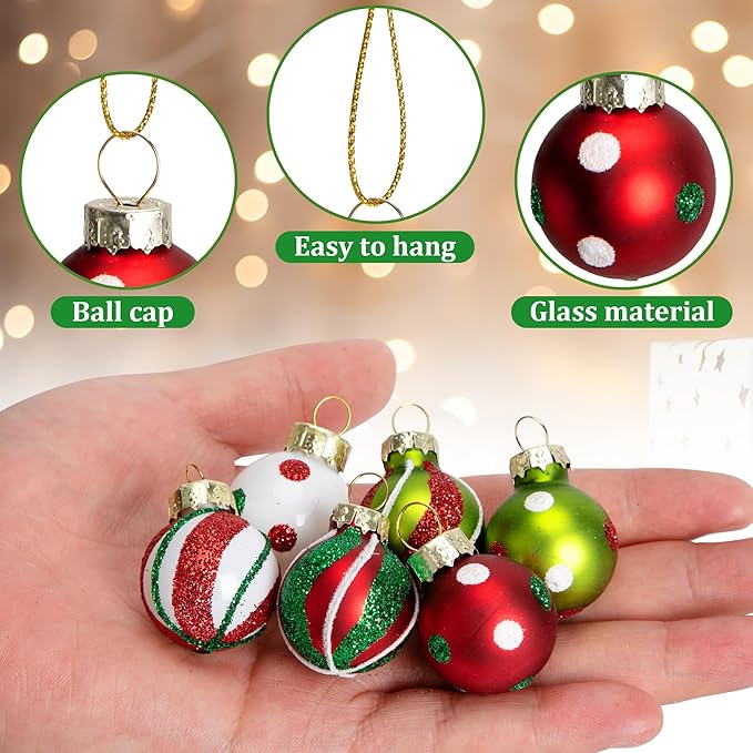 Watayo 24 Pcs Christmas Glittering Elf Balls Glass Ornaments for Tree, 1" Mini Painted Swirl Dots Elf Balls Hanging Ornaments, Christmas Red Green Ball Tree Decoration for Xmas Party Home Decor