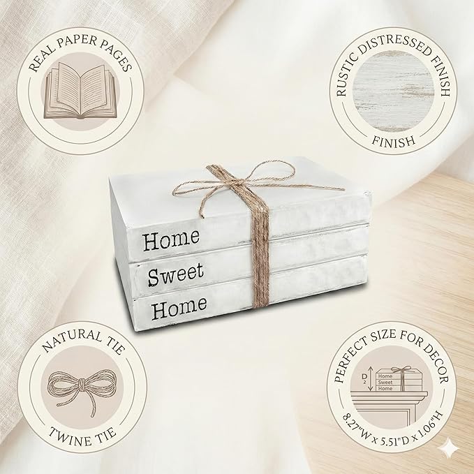 TenXVI Designs Home Sweet Home Sign Decorative Books - Set of 3 White Rustic Blank Books with Real Pages for Coffee Table Decor, Entryway Table Home Decor, Blank Books