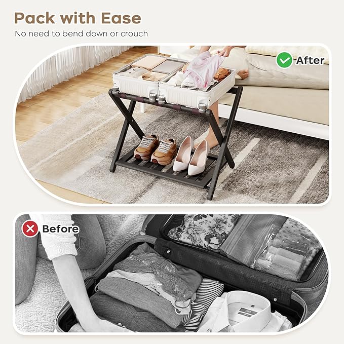 26.77"L Luggage Rack for Guest Room - 1 Pack Full Assembled Luggage Rack Stand for Suitcases, Foldable Luggage Holders with Shoe Shelf, 5 Nylon Straps for Bedroom, Hotel (Black Bamboo Suitcase Stands)