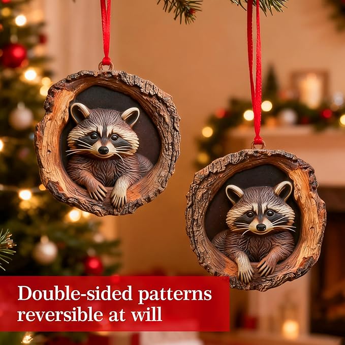 Forest Animal Christmas Ornaments, Funny Forest Animal Ornaments for Christmas Tree,3D Resin Ornaments Hanging for Animal Lover&Easter Basket Stuffers(Raccoon)