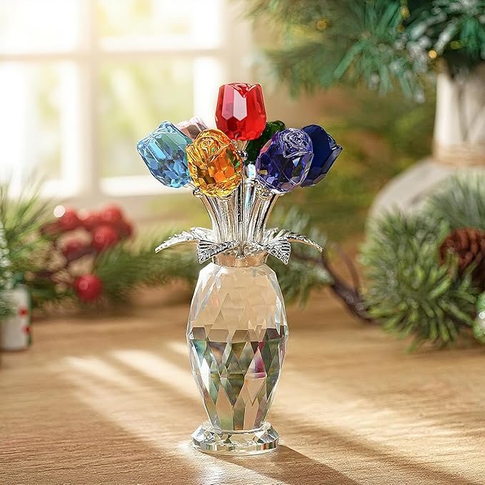 H&D HYALINE & DORA Colorful Crystal Rose Figurine - Rose Flower Gifts for Women - Wedding Party Collectible Figurines - Gift Box Included