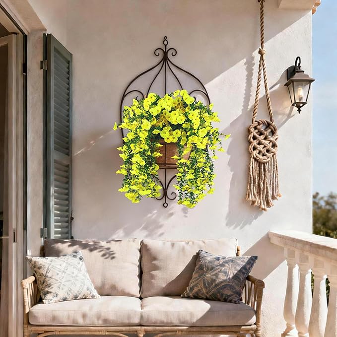 Artificial Hanging Flowers for Outdoors, 4 PCS UV Resistant Faux Plants Silk Realistic 150 Morning Glory Each Vines, Fake Plastic Floral for Garden Patio Spring Summer Decor, Yellow