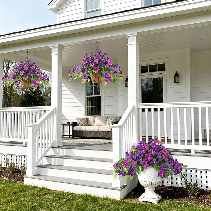 Homsunny Artificial Fake Flowers Plants Outdoor, 2PCS Realistic Faux Silk Flowers UV Resistant Fake Outdoor Flowers for Spring Outside Porch Garden and Home Patio Yard Decor (Light Purple Red)
