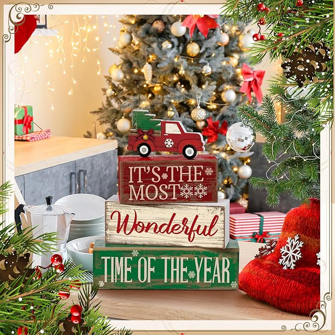 Moucuny 4 Pcs Christmas Decor Wooden Red Truck Winter Tiered Tray Decor Rustic Merry Christmas Table Centerpiece Wood Red Truck Block Sign Gift Farmhouse for Home Kitchen Tabletop Office Shelf