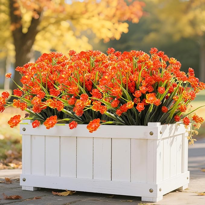 20 Bundles Artificial Flowers for Outdoors Spring Summer Decor-UV Resistant Fake Mums Faux Plants Plastic Flowers Greenery for Home Porch Gardens Fireplace Patio Indoor Outsides Decor(Orange Red)