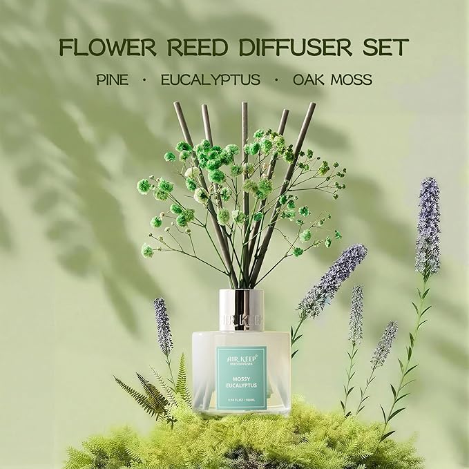 Airkeep Reed Diffuser Set,3.38 fl oz (100 ml) - Moss Eucalyptus Oil Diffusers with 8 Reed Sticks, Home Fragrance Reed Diffuser for Bathroom Shelf Decor
