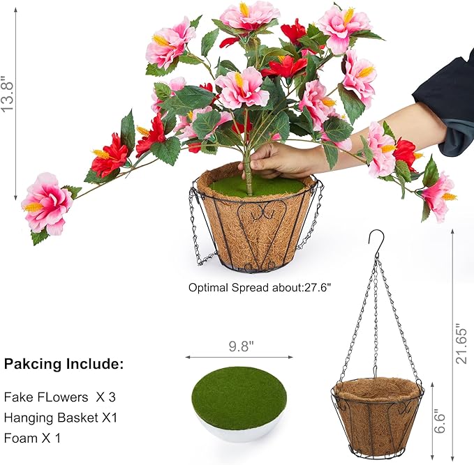 Artificial Flowers for Outdoors Indoors,3 Bunches Fake Hibiscus with Hanging Basket Foam Realistic UV Resistant Silk Flower Leaves,Faux Plant for Outside Home Patio Garden Poch Decor(Red,Pink)
