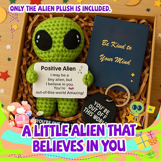 Positive Alien Crochet Plush with Message Affirmation Card - Appreciation Birthday Gift for Women Men, Her Him, Teen, Boy Girl, Inspirational College High School Graduation Congrats Grad Decoration