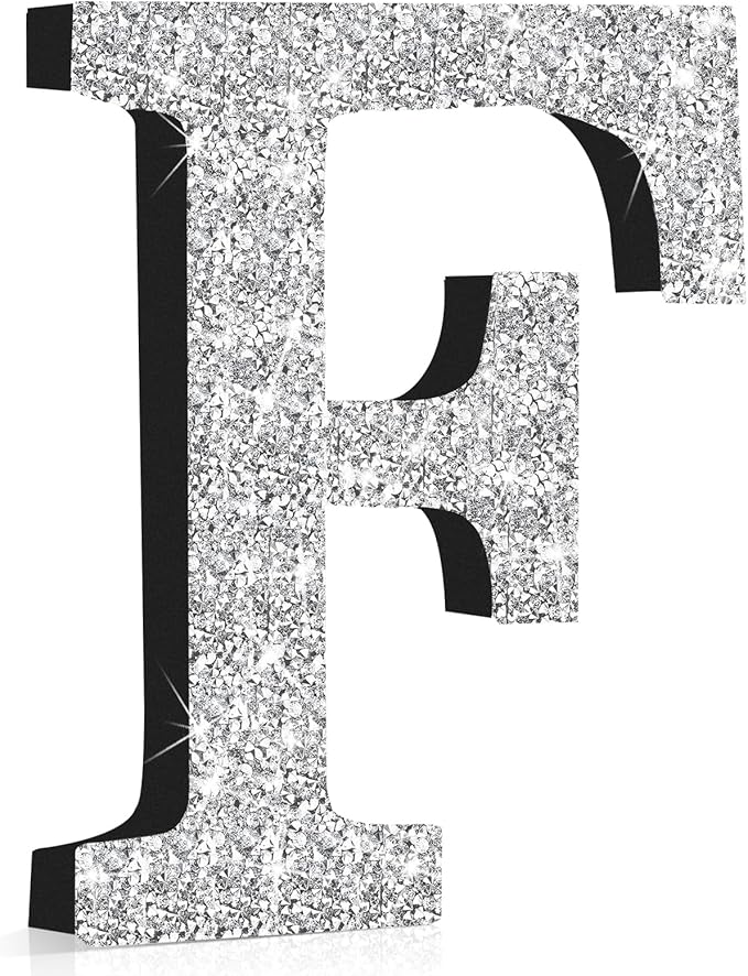Qunclay 12'' Silver Crystal Diamond Bling Letters Crushed Diamond Decoration Wooden Glitter Letter with Screw and Hooks Rhinestone Gift for Wedding Y2k Mcbling Bedroom Wall Decor (Letter F)