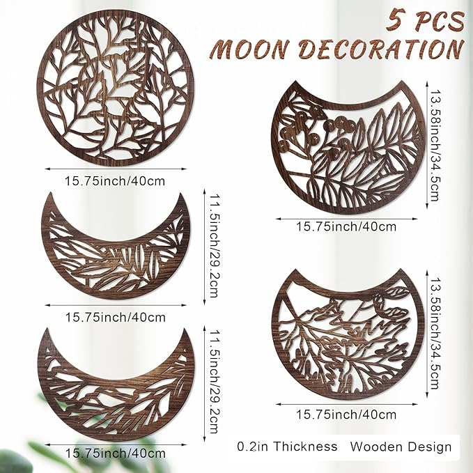 Jetec 5 Pcs Moon Phase Wall Art Decor Wall Pediments Hanging Wooden Phase Spiritual Bedroom Nordic Boho Lunar Aesthetic Art for Living Room Dorm Apartment Ornament(Dark Brown,15.75 Inch,Botanical)