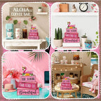 Lineshading 4 Pcs Summer Table Decor Wooden Pink Flamingo Tropical Tiered Tray Decor Pink Summer Centerpieces Rustic Wood Flamingo Block Signs for Home Kitchen Office Decorations