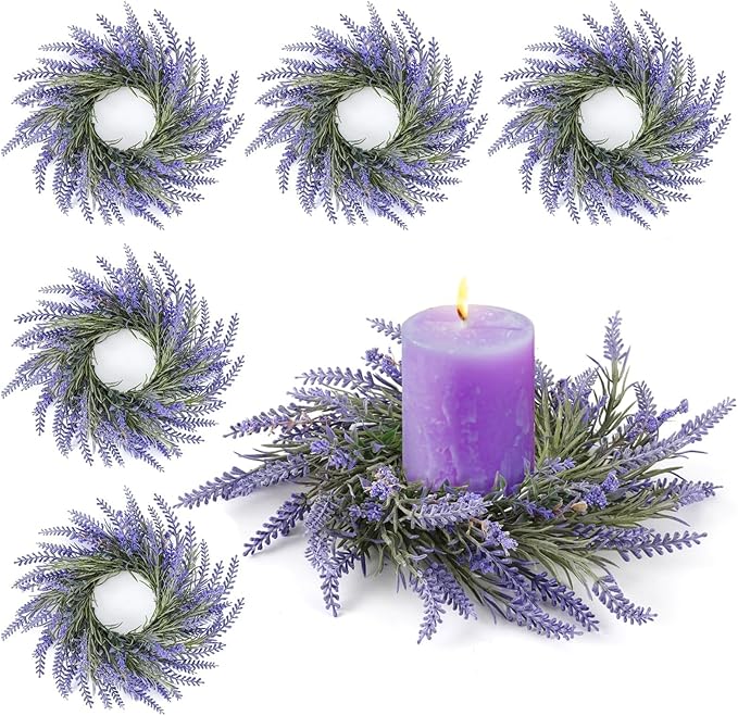 6 Pcs Lavender Candle Ring Pillar Wreaths Mini Purple Wreath Table Centerpieces 9 Inch Wreath for Cabinets Artificial Farmhouse Lavender Wreaths for Front Door Porch Wall Window