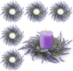 6 Pcs Lavender Candle Ring Pillar Wreaths Mini Purple Wreath Table Centerpieces 9 Inch Wreath for Cabinets Artificial Farmhouse Lavender Wreaths for Front Door Porch Wall Window