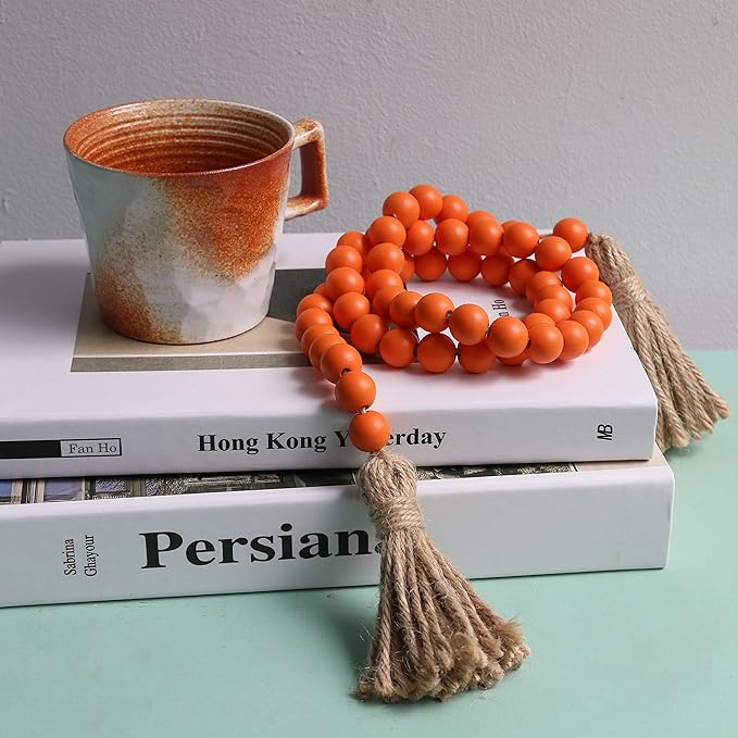 Meplait 39in Wood Bead Garland Farmhouse with Tassels,Versatile Prayer Beads Boho Chic Wall Hanging Home Decor (Orange)