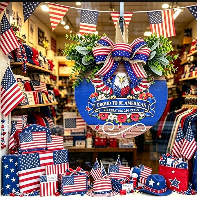 USA 250th Anniversary Patriotic Wreaths for Front Door, 4th of July & Memorial Day Outdoor Patriotic Decorations,12" Wooden Round Sign Decor for Porch, Wall, Window (Color-Proud)