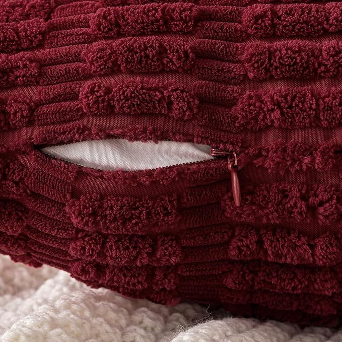 MIULEE Pack of 2 Burgundy Corduroy Decorative Pillow Covers 18x18 Inch Soft Boho Striped Throw Pillow Covers Modern Farmhouse Home Decor for Sofa Living Room Couch Bed