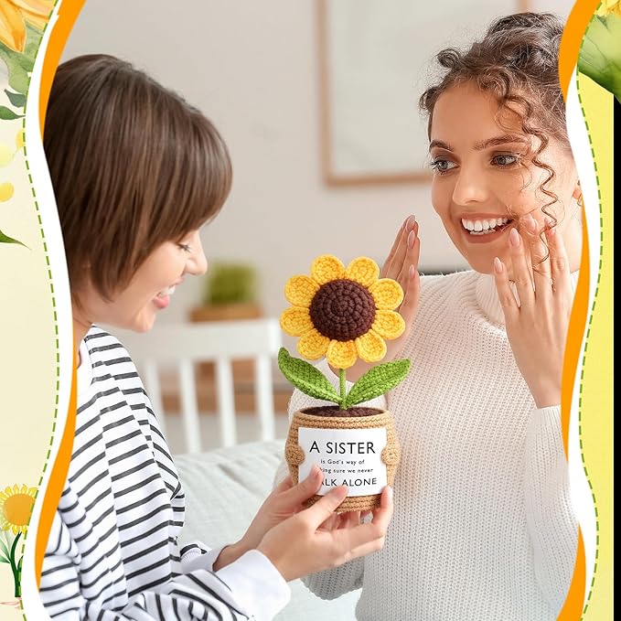 Wavwavw Sister Gifts Handmade Crochet Doll with Card Crochet Present for Sisters Sis Big Little Sister Birthday Wedding Home Decor(Helianthus)