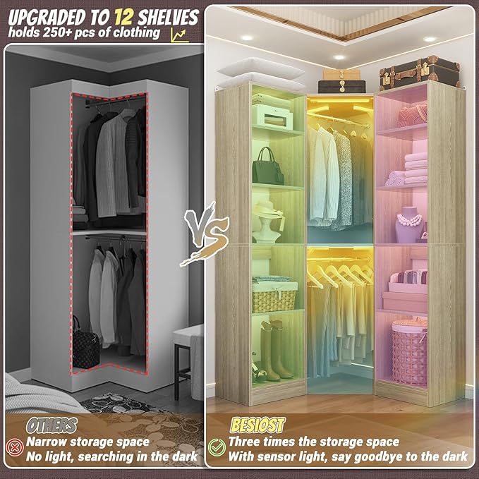 Corner Closet System with 2 Motion Sensor Lights, 39.2" Corner Closet Organizer with 12 Shelves, Closet System with 2 Hanging Rods, Versatile 6-Tier Walk-in Closet for Corner Space, White Oak