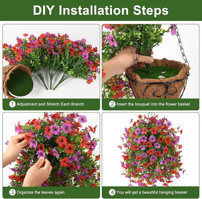 INQCMY Artificial Hanging Flowers with Basket for Spring Outdoor Decoration 3 Bunches of Silk Daisy Flower Uv Resistant for Garden Porch Patio Balcony Yard Decor (Red Purple)