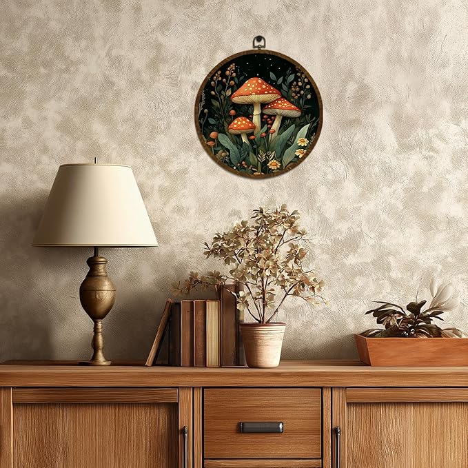 Vintage Mushroom Wildflower Wall Art Decor, Fantasy Forest Botanical Illustration Round Frame Wall Hanging Decor, Retro Botanical Canvas Prints Wall Art for Bedroom Living Room 10x10 Inch (MG01)