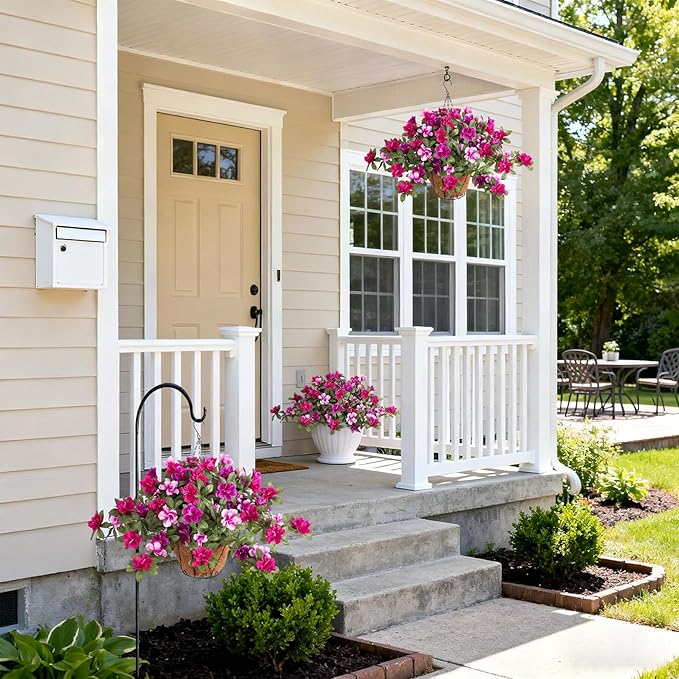 Artificial Hanging Flowers for Outdoors Hanging Baskets, 3 Pcs Fake Silk Flower with Hanging Baskets Planter for Spring Summer Garden Porch Patio Yard Outside Decor