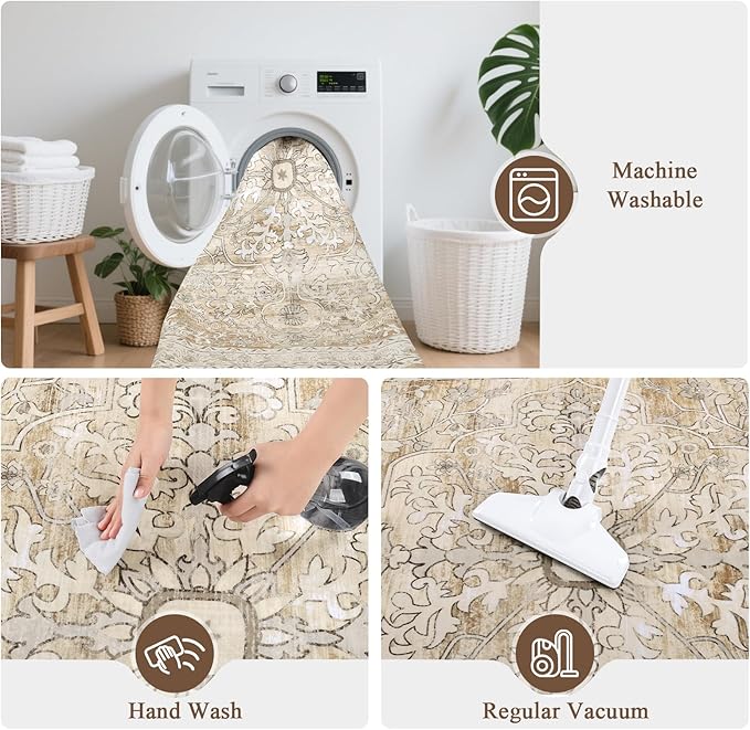 U'Artlines Boho Vintage Area Rug 8x10 Machine Washable Low Pile Soft Floor Carpet Non Slip Non Shedding Accent Rug for Living Room Bedroom Entryway Dining Room Office Cream Tan