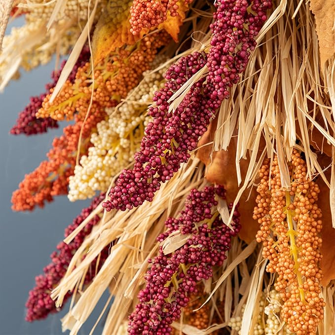 Glitzhome 2 Pcs 28'' Artificial Fall Teardrop Swags, Autumn Harvest Multi-Colored Sorghum Door Swag, Hanging Flower Wreath for Thanksgiving Fall Front Door Window Wall Decor