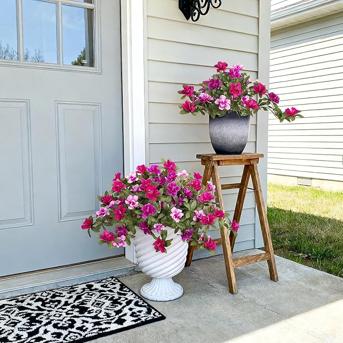 Artificial Fake Azalea Flowers for Outdoor Spring Decoration, Faux Silk Flower for Summer UV Resistant Look Real Plants for Garden Yard Porch Walkway Indoor Decor, 2PCS