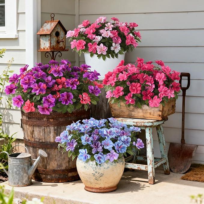 Artificial Fake Flowers for Outdoor, 8 Bundles Faux Plants Silk Flowers Spring Decoration UV Resistant No Fade Plastic Flowers for Outside Planters Home Porch Patio Yard Garden Decor