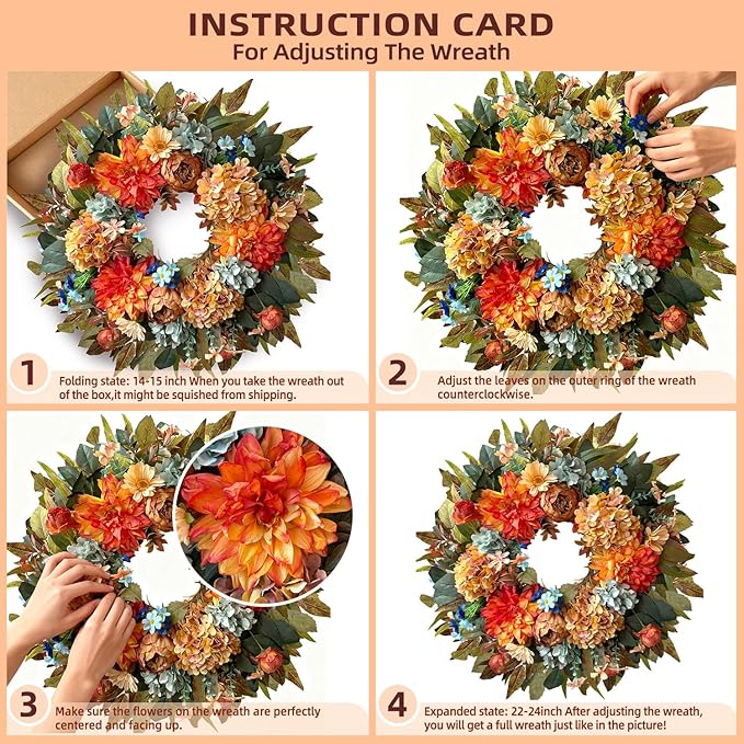 WANNA-CUL 24 Inch Spring Hydrangea &Peony Wreaths for Front Door, Summer Fall Door Wreath with Orange Dahlia Flowers for Wedding or Indoor&Outdoor Decoration