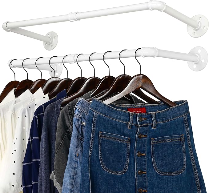 WEBI Clothing Rack Wall Mount,32" Industrial Pipe Clothes Rack for Hanging Clothes,Heavy Duty Iron Garment Rack Bar,Retail Display Clothes Rod for Closet,Laundry Room,White,2 Packs
