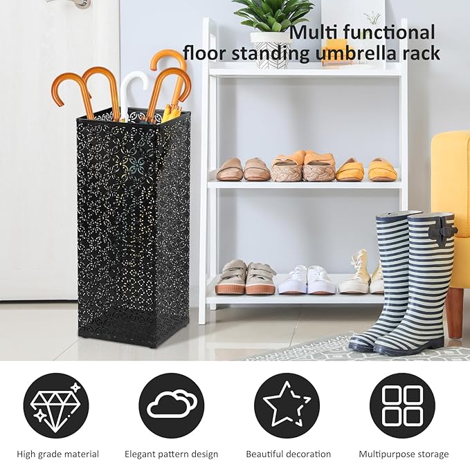 Metal Umbrella Holder Square Umbrella Stand Iron Umbrella Bucket Umbrella Stand Stable Umbrella Bucket Large Storage Space Umbrella Stand Suitable for Umbrellas (Black)