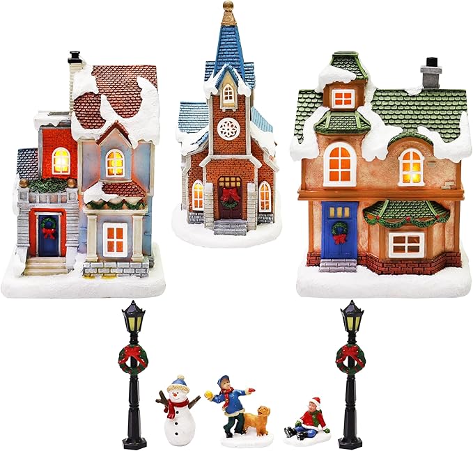 MOMENTS IN TIME Christmas Village Set 12-Piece with LED Lights Miniature Christmas Houses Lighted Holiday Décor for Tabletop Mantel Village Display Gift-Ready Packaging