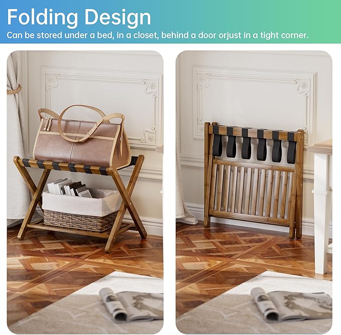 SMIBUY Luggage Rack, Set of 2, Foldable Bamboo Suitcase Stand with Storage Shelf for Guest Room, Bedroom, Hotel, Heavy-Duty (Walnut)