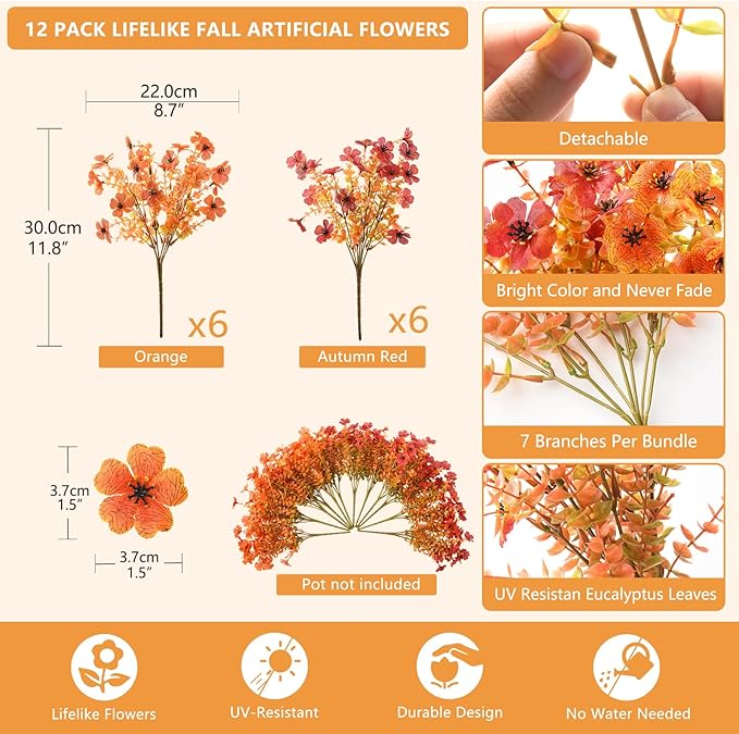 Artificial Fall Flowers for Outdoor, 12 Bundles 4 Colors Faux Mums Fake Fall Plants for Decoration, UV Resistant No Fade Silk Plastic Flower for Autumn Porch Patio Planters Windowbox Yard Garden