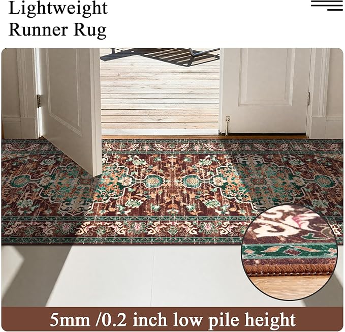 U'Artlines 3' x 12' Boho Hallway Runner Rug, Rust Non Slip Washable Vintage Farmhouse Accent Rug Carpet for Kitchen Entryway Laundry and Living Room (Rust＆Teal)