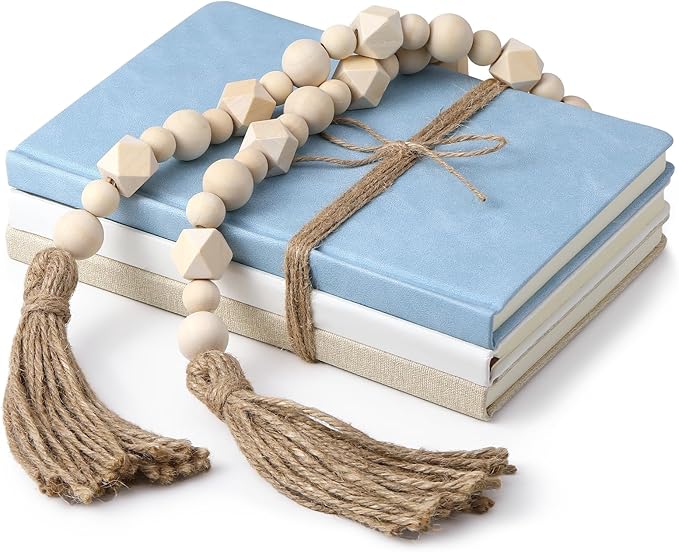 Feifeiya 3 Pieces Faux Decorative Books Set for Home Decor Fake Book for Shelves Coffee Table Stacked Linen Covered Display Notebook with Wood Bead Bookend Gift for Living Room(Gray Blue)