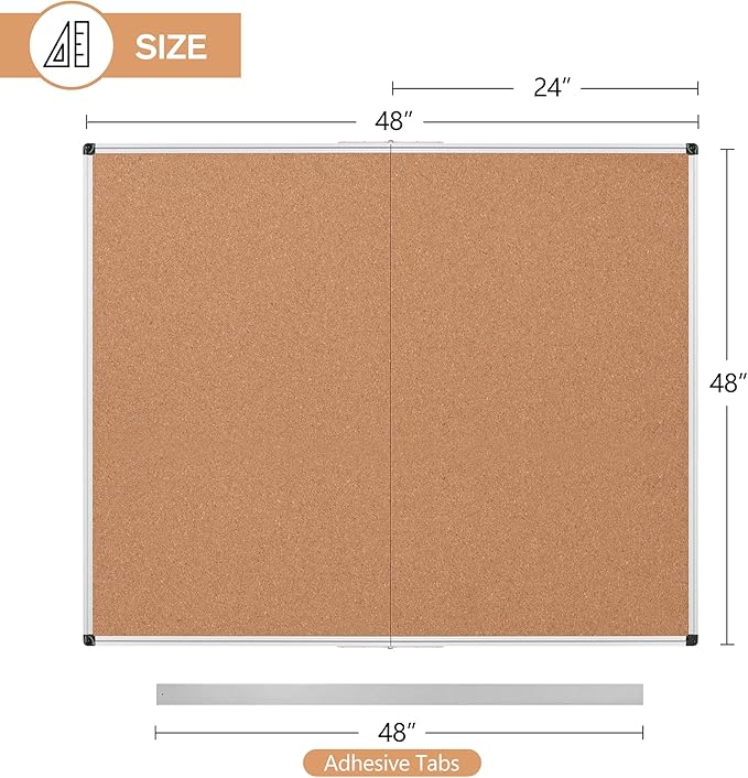 Extra Large Cork Bulletin Board 48" X 48", Foldable Notice Pin Board for Wall, Silver Aluminum Framed 4'x4' Corkboard, Wall Mounted Noticeboard with 36 Push Pins for School, Home & Office