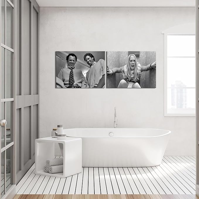Framed Funny Movie Bathroom Canvas Wall Art Set of 2 – Black and White Vintage Comedy Movies Wall Decor, Humor White Chicks Posters Prints for Bathroom Toilet Humour Signs – 16x24in
