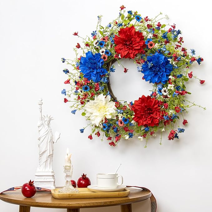 VioletEverGarden 22 Inch 4th of July Wreaths for Front Door Artificial Patriotic Wreath Red White and Blue Wreath with Dahlia for Independence Day Memorial Day Flag Day Decor