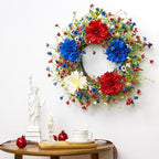 VioletEverGarden 22 Inch 4th of July Wreaths for Front Door Artificial Patriotic Wreath Red White and Blue Wreath with Dahlia for Independence Day Memorial Day Flag Day Decor